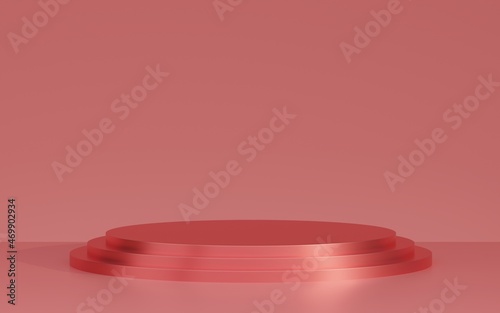 Metallic scene background. Cylinder podium on red background. Product presentation, mock up, show cosmetic product, Podium, stage pedestal or platform. 3d rendering.