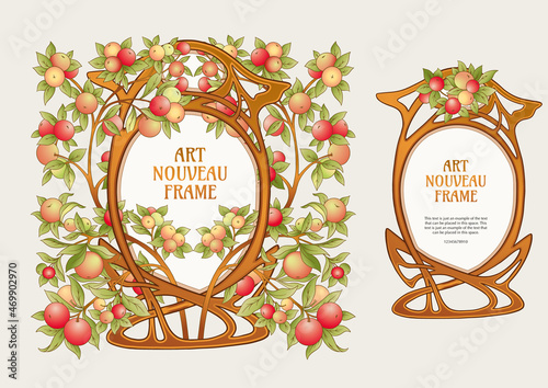 Apples on branches Template for product label, cosmetic packaging. Easy to edit. Vector illustration. In art nouveau style, vintage, old, retro style.