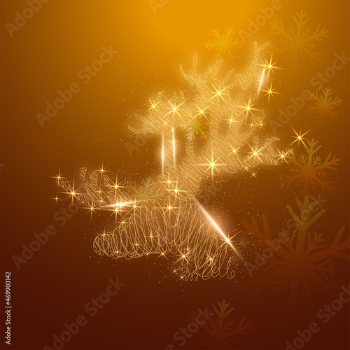 Scribble Reindeer Face With Light Effect And Snowflakes On Brown Background.