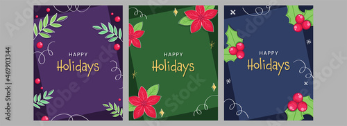 Happy Holidays Posts Or Template Decorated With Poinsettia Flowers  Holly Berries And Leaves In Three Color Options.