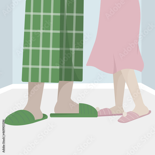 Man and woman feet in home slippers. Vector editable illustration. Interior illustration.
