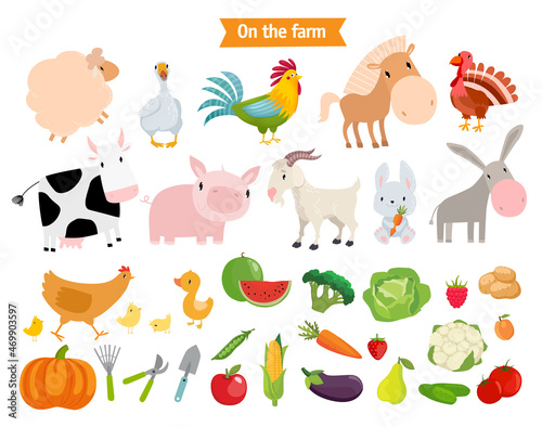 Print. Big vector set "On the farm". Farm animals, vegetables, fruits, berries.