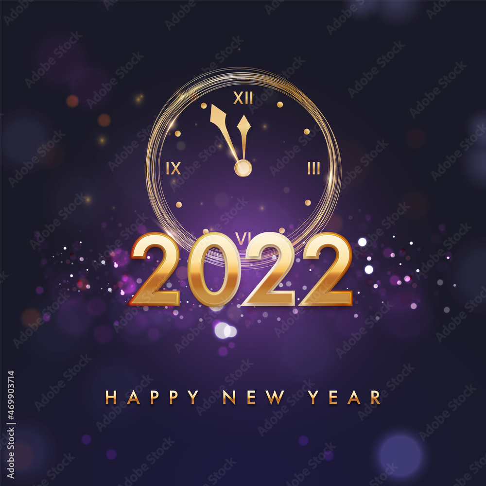 2022 Happy New Year Font With Wall Clock On Purple Bokeh Background.