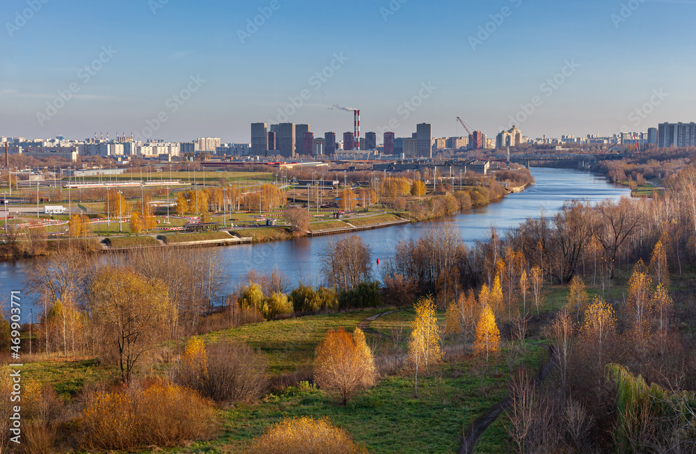 Moscow, Russia - November 06, 2021: Kolomenskoye park, embankment of the river