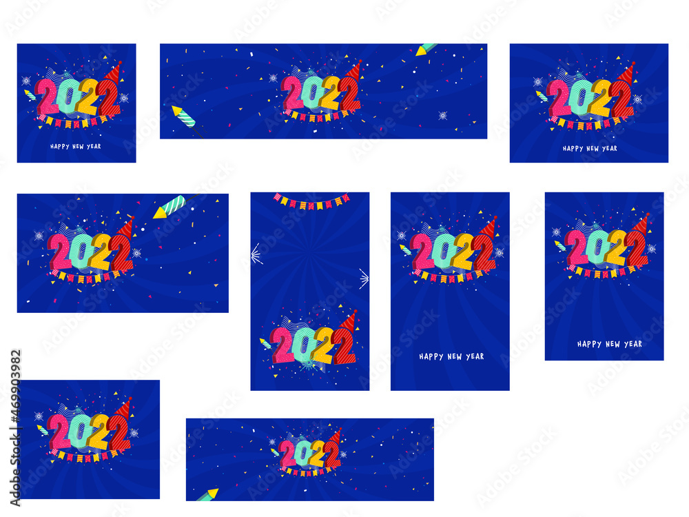 Social Media Post And Banner Collection With 3D Colorful 2022 On Blue Rays Background.