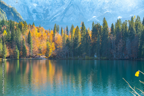 mountain lake, autumn trees and mighty mountains in sunlight