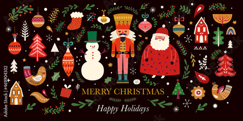 Classic Christmas illustration with funny Santa Claus, nutcracker, gift boxes. Big Christmas collection in Scandinavian style with traditional Christmas and New Year elements
