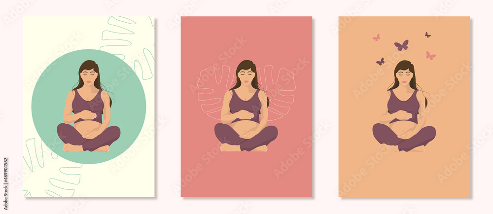 Pregnant woman in yoga pose. Flat style vector illustration