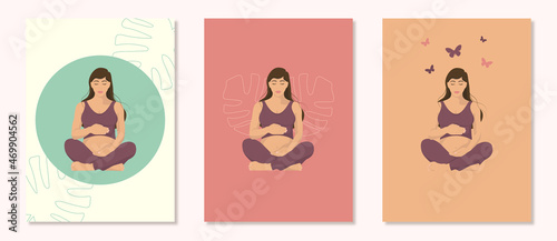 Pregnant woman in yoga pose. Flat style vector illustration