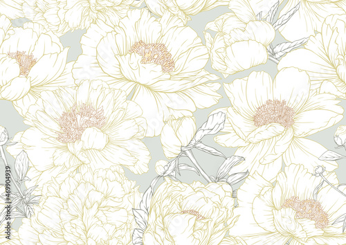 Peonies flowers. Seamless pattern, background. Colored vector illustration. In botanical style In soft orange and green colors.