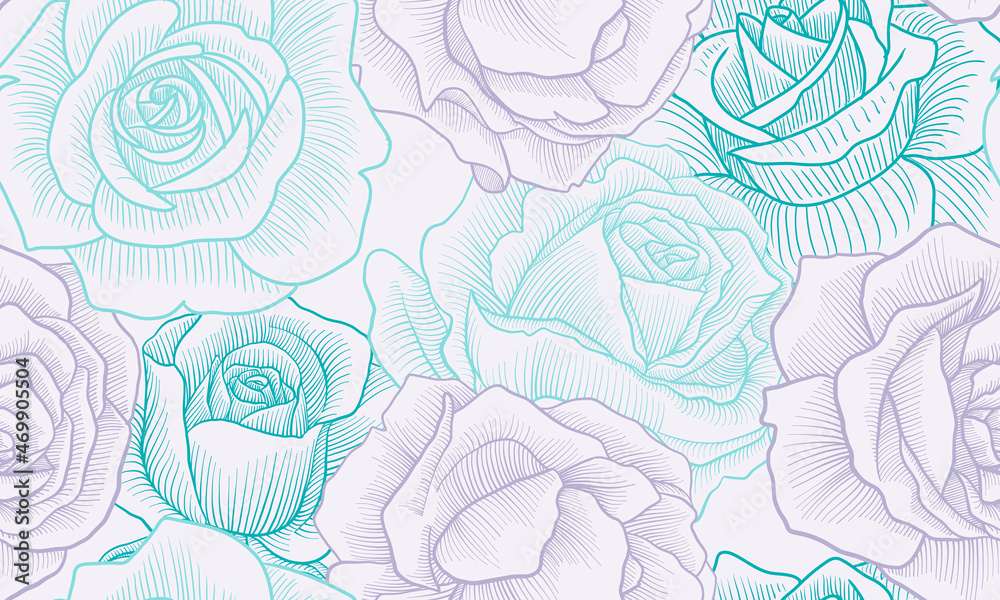 vector drawing vintage seamless pattern with rose flowers, hand drawn ...