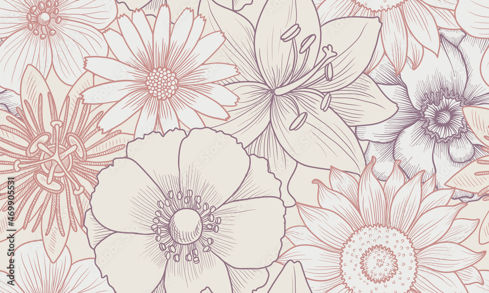Fototapeta premium vector drawing vintage seamless pattern with flowers, hand drawn illustration