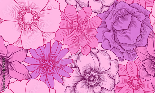 vector drawing vintage seamless pattern with flowers, hand drawn illustration