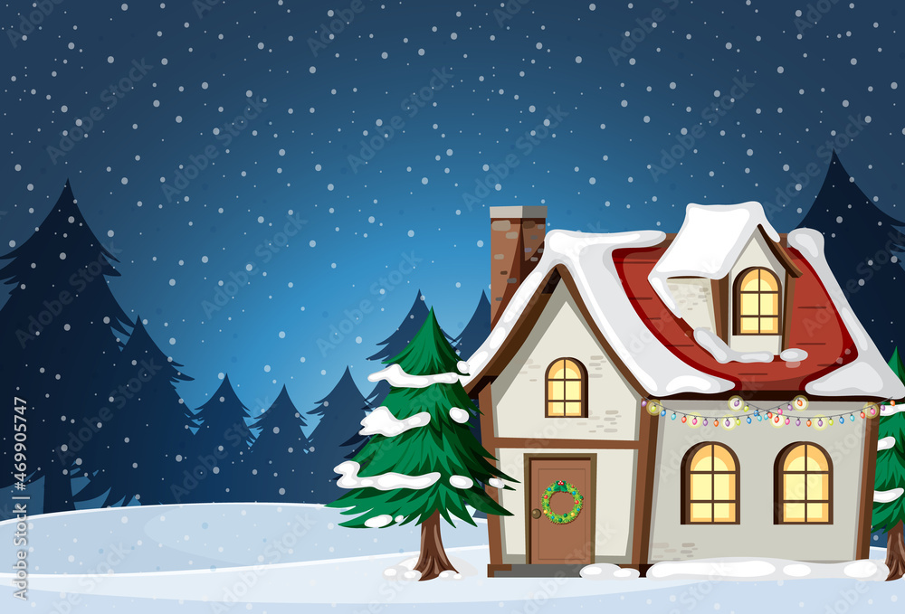 Fototapeta premium Christmas background with snow house at night