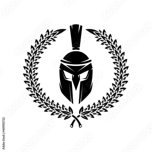 Spartan helmet with laurel wreath. Design element for logo, emblem, sign, poster, t shirt. Vector illustration