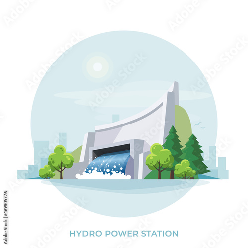 Hydroelectric clean power plant station factory. Renewable green sustainable hydropower energy generation with water flowing out reservoir dam. Isolated cartoon vector illustration on white background photo