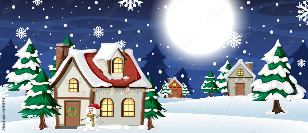 Christmas background with snow house at night