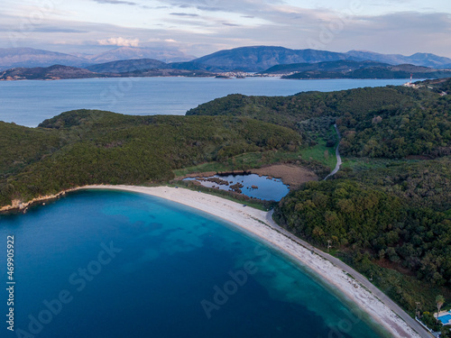 Aerial drone view of beautiful Avlaki beach in north corfu