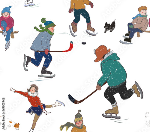 Winter Season Merry Christmas Seamless Patterns, Hockey Game Boys Playing in Snowy Town, Ice Ring Figure Skating Print