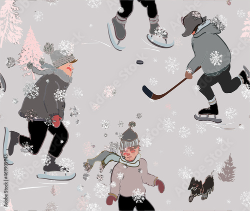 Children Skating in Ice ring, Hockey Sport Seamless Pattern, New Year Season, Merry Christmas Snowing Park in Town