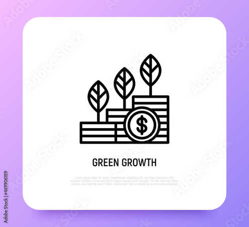 Green economy growth thin line icon. Sprouts are sprouted through stacks of coins. Circular economy, renewable resources. Vector illustration for environmental issues.