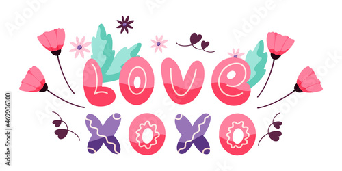 Lettering Love, xoxo, floral design elements isolated on white background. Concept for Valentine's Day. Vector hand drawn illustration