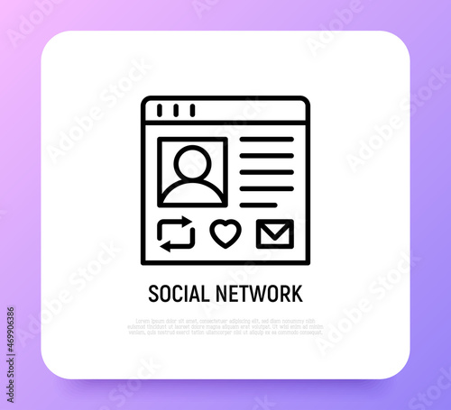 Social network thin line icon. Modern vector illustration of personal web page with repost sign, heart, message.