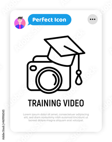 Training video thin line icon: camera in graduation cap. Modern vector illustration for logo of tutorial video.