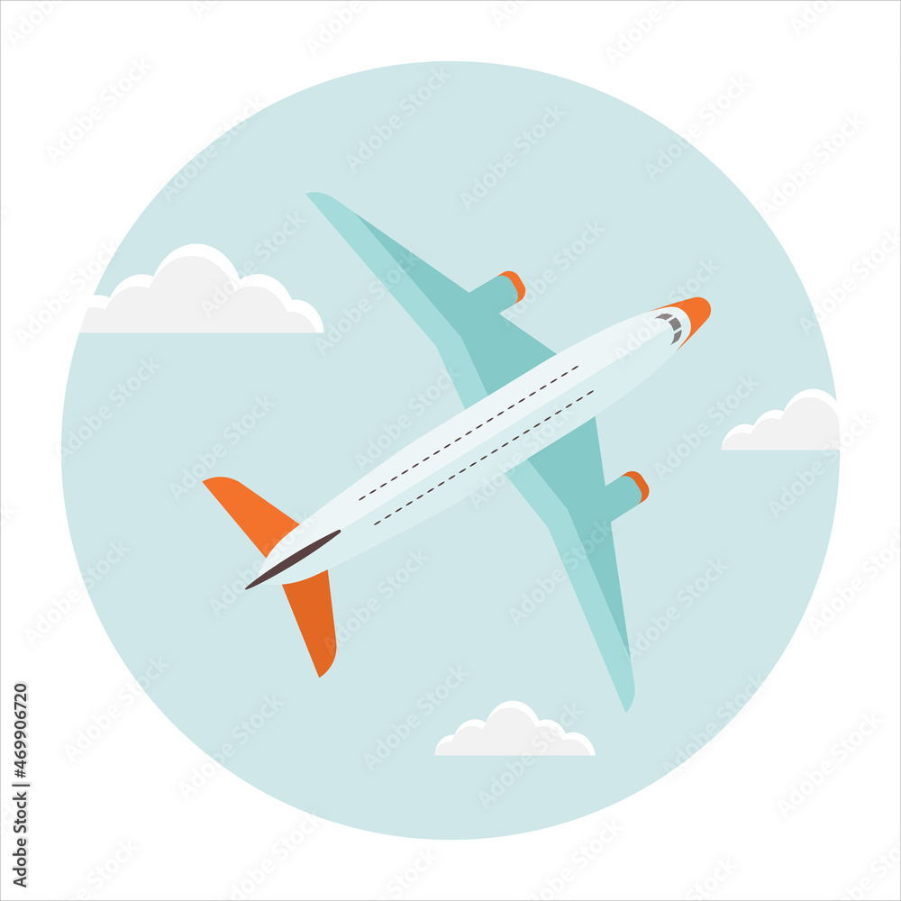 Passenger plane icon with clouds on a blue background. 