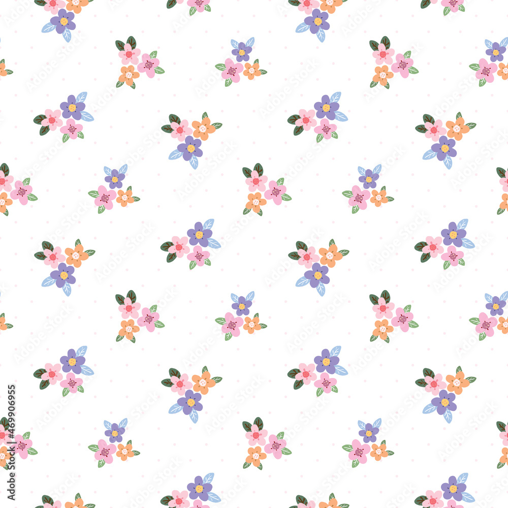 Seamless Pattern of Hand Drawn Flower Art Design on White Background with Pink Dots