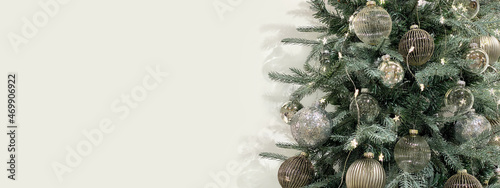 Long banner. Christmas tree baubles lights