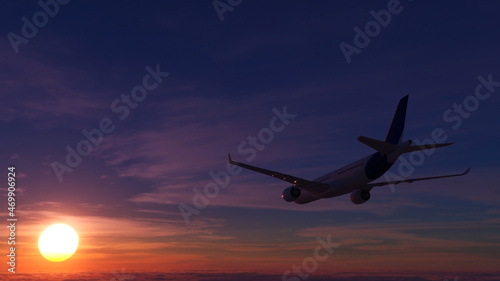 White airbus airplane on a sunset background with orange sky 3d rendering