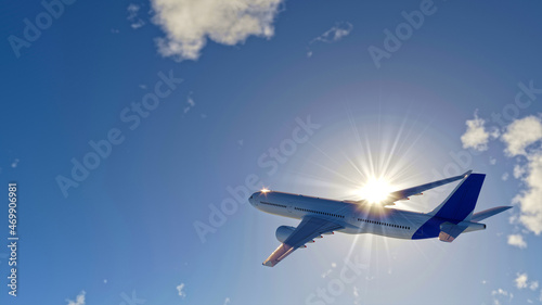 White airbus airplane on a blue sky background with white clouds 3d rendering
