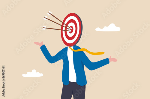 Marketing target audience for advertising, head hunter for job and career recruitment, targeting customer or prospect concept, businessman archery target head and 3 arrows hit bullseye accurately.