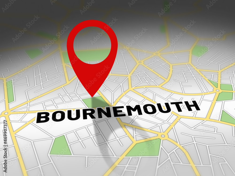 Fototapeta premium Bournemouth on map with red GPS navigation pin. United kingdom location with generic map background.