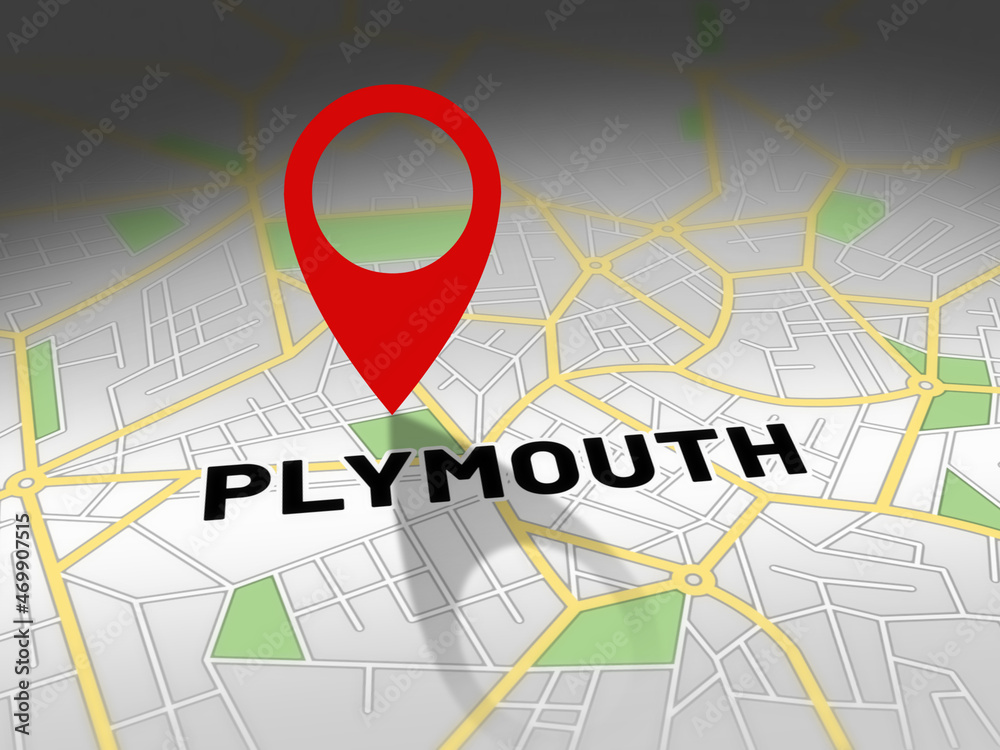 Plymouth on map with red GPS navigation pin. United kingdom location with generic map background. Plymouth on map with red GPS navigation pin. United kingdom location with generic map background.