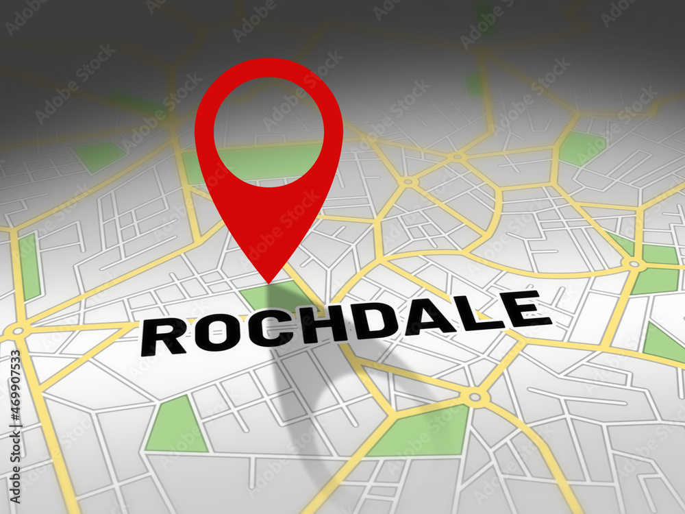 Fototapeta premium Rochdale on map with red GPS navigation pin. United kingdom location with generic map background.