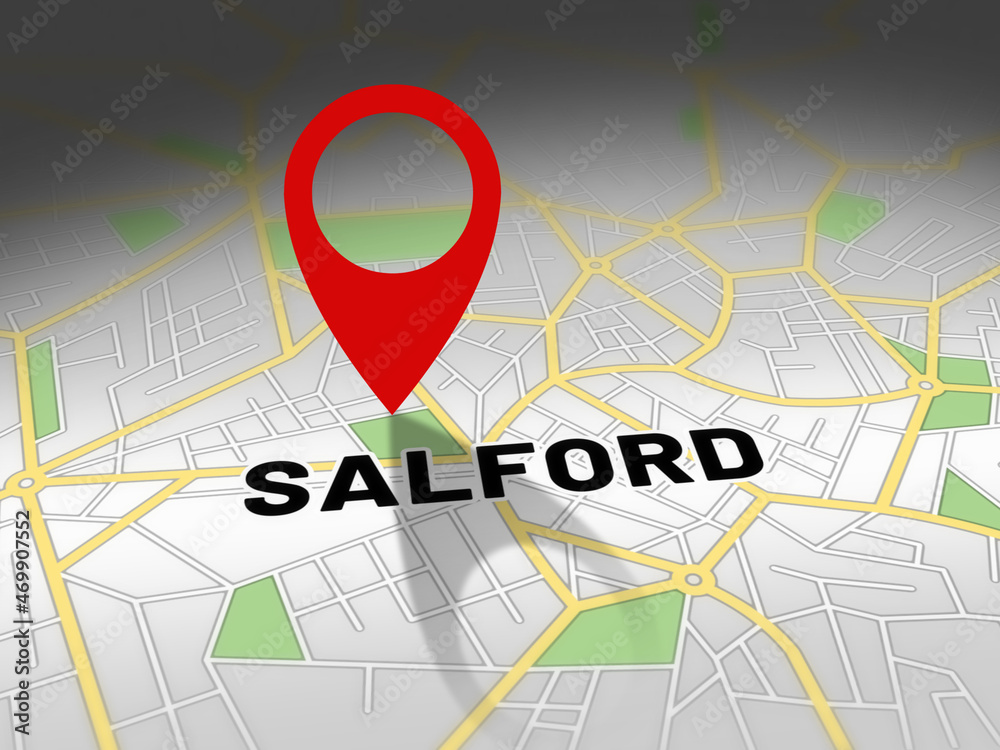 Fototapeta premium Salford on map with red GPS navigation pin. United kingdom location with generic map background.
