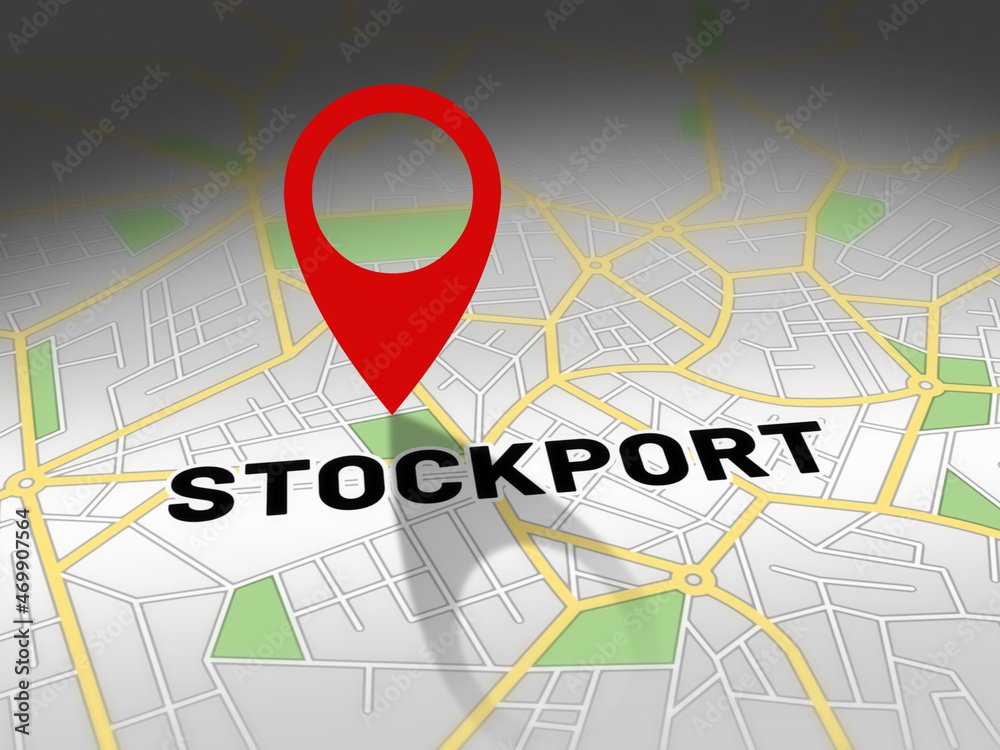 Stockport on map with red GPS navigation pin. United kingdom location with generic map background. Stockport on map with red GPS navigation pin. United kingdom location with generic map background.