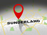 Sunderland on map with red GPS navigation pin. United kingdom location with generic map background.