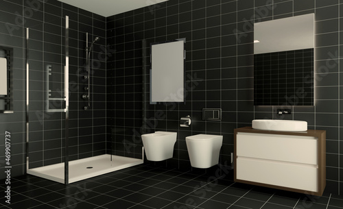 Modern bathroom including bath and sink. 3D rendering.. Mockup.   Empty paintings
