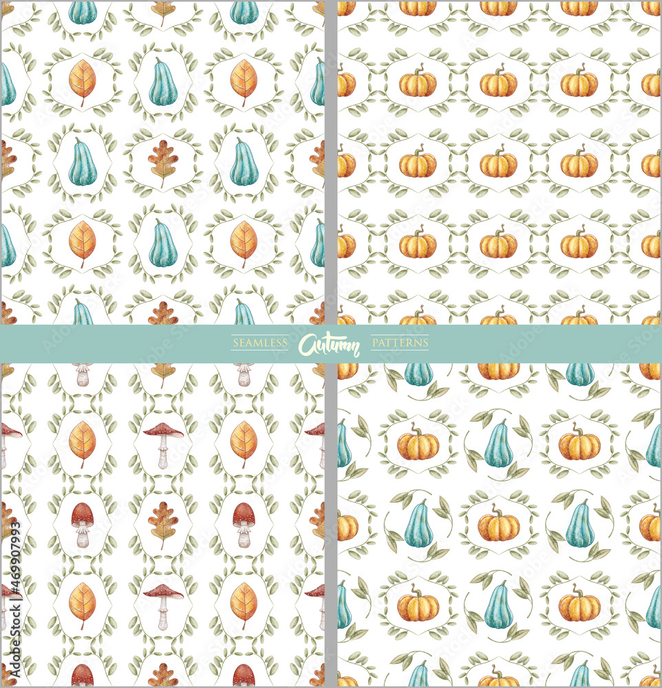 Obraz premium Autumn seamless pattern. Blue and orange Pumpkin. Fall background set