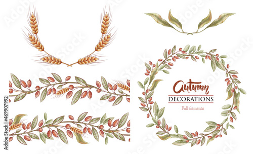 Autumn seamless border  Red berry frame. Barberry  wheat wreath. Autumn hand drawn background