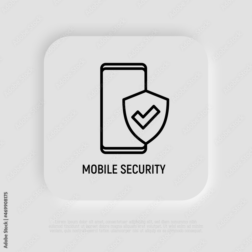 Mobile security, smartphone with shield thin line icon. Modern vector illustration. Mobile security, smartphone with shield thin line icon. Modern vector illustration.