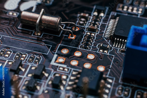 Circuit board repair. Electronic hardware modern technology. Motherboard digital personal computer chip. Tech science background. Integrated communication processor. Information engineering component.