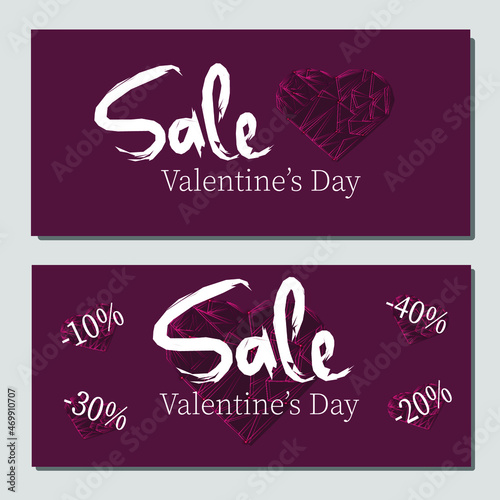 Seasonal sale Valentine's Day, February 14. Design template banner or business card with a discount, sale with white text on a crimson background with linear glowing hearts.