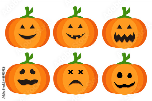 Set pumpkin on white background. Orange pumpkin with smile for your design for the holiday Halloween. Vector illustration.