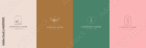 A set of female hand logos in a minimal linear style. Vector logo design Templates with different hand gestures, Crystal. For cosmetics, beauty, tattoo, Spa, feminine, jewelry store