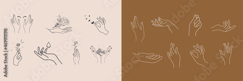A set of Woman's hand icon collections in a minimal linear style. Vector logo design Templates with different hand gestures, Crystal. For cosmetics, beauty, tattoo, Spa, feminine, jewelry store.