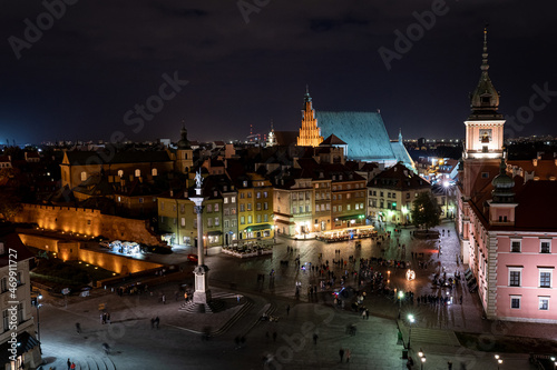 Warsaw old town view point. Panoramic view of Castle square at night. Warsaw, Poland